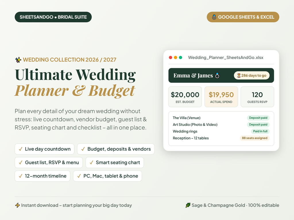Ultimate Wedding Planner & Budget spreadsheet